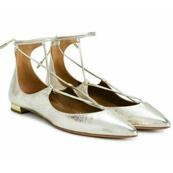 Aquazzura Gold Leather Christy Ankle Wrap Ballet Flats - Picture 1 of 14